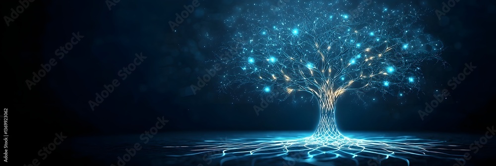 Poster a dramatic 3d visualization of the ethereal tree of life with its luminous branches extending toward