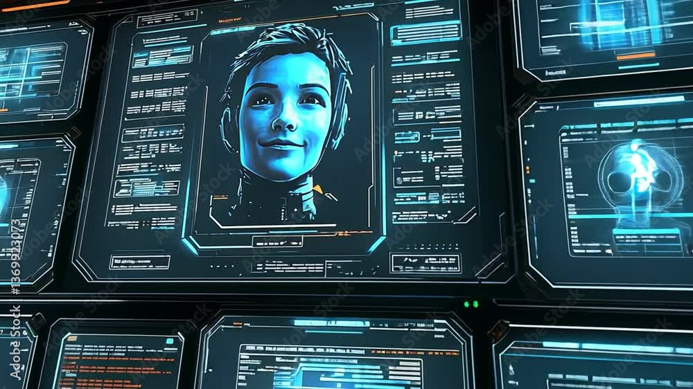 Poster futuristic interface showcases digital avatar with holographic technology and data, creating engagin