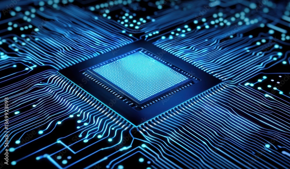 Poster abstract digital circuit board with processor and blue glow effect