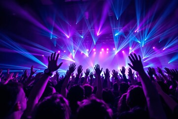 Crowd of people with raised hands at a music concert with vibrant purple and blue lighting effects on a dark background, concept of celebration. Ai generative