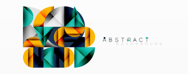 Abstract geometric design with intersecting circles, triangles, squares and sharp angles creating a layered composition with gradients, depth, and contrast