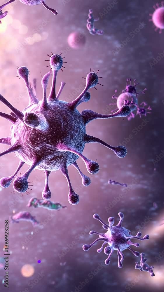 Poster detailed view of virus particles in a vibrant environment highlighting their structure and movement