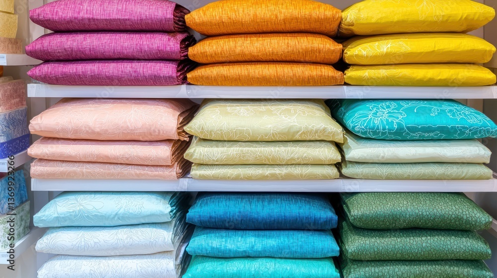 Poster a colorful set of bedsheets displayed on a showroom shelf.