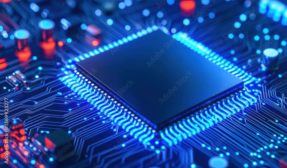 Poster close-up view of a high-tech microchip with blue led lights