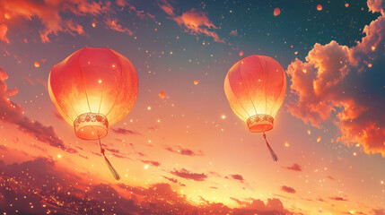 Two illuminated lanterns floating in a colorful sky at sunset