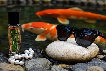 A peaceful zen garden scene with a bamboo-scented perfume bottle, minimalist black sunglasses, and pearls on a smooth stone beside a koi pond.