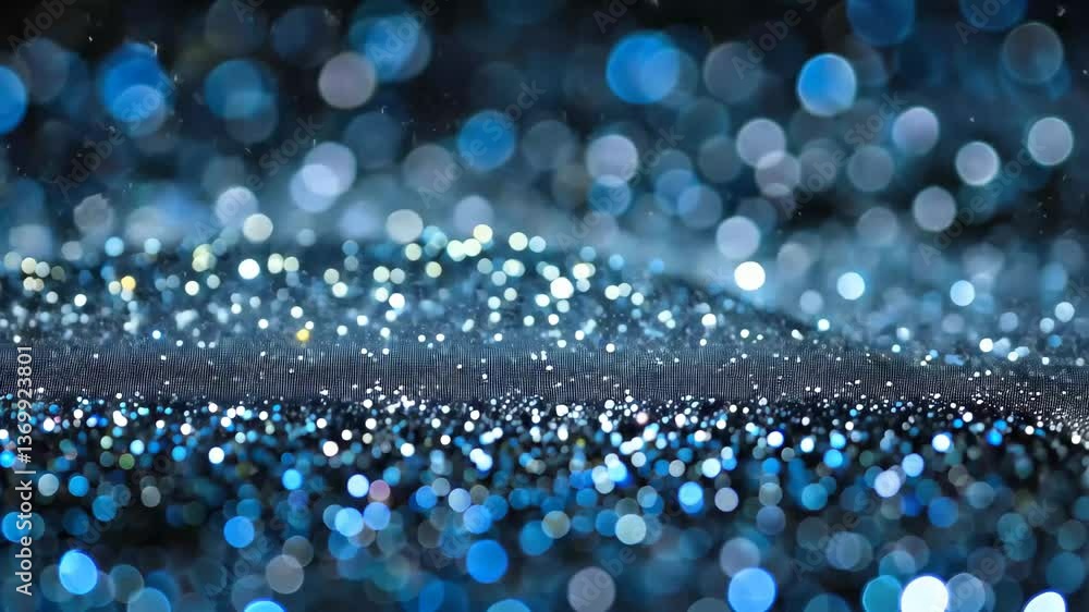 Poster tiny blue and silver particles shimmer and reflect light, creating a mesmerizing sparkle against a d