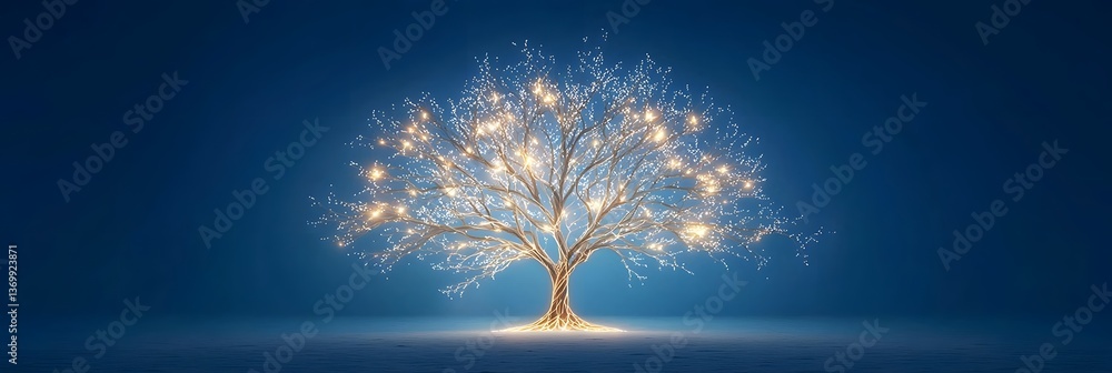 Poster A dramatic 3D visualization of the Tree of Life with its glowing branches extending towards the sky creating an and ethereal scene against a backdrop of a serene starry night