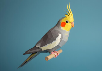 Fototapeta premium A handcrafted paper sculpture of a Cockatiel perched on a stick in geometric low poly style.