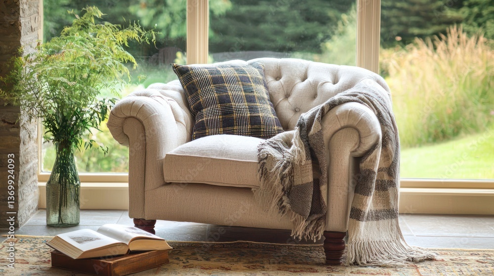 Poster a comfy armchair with a throw blanket and a book, creating a perfect reading corner.