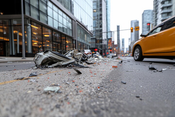 Car accident involves damaged vehicle and debris on city street during early evening