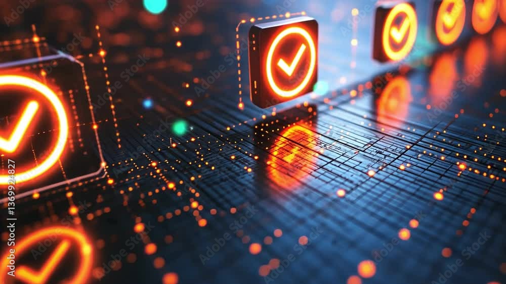 Poster digital abstract technology with glowing check marks in vibrant grid, symbolizing success and modern