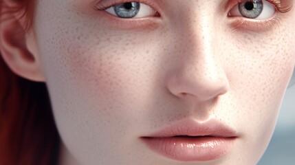Naklejka premium Close-up Portrait of a Young Woman with Freckles and Blue Eyes