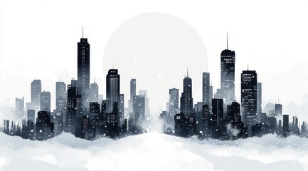 Tall buildings rise majestically in a futuristic cityscape, shrouded in mist with a gentle sun illuminating the skyline beautifully