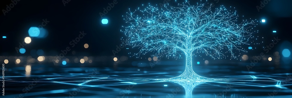 Poster a dramatic and futuristic 3d visualization of the tree of life with luminous branches extending towa