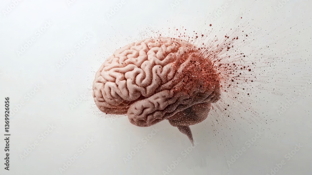Poster a conceptual image of a human brain with digital data flowing through it, set on a white background.