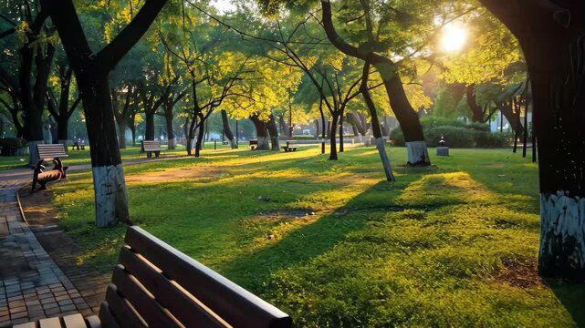 A tranquil park path winds between trees as golden sunlight casts a warm glow on benches, inviting visitors to relax in the serene evening ambiance.