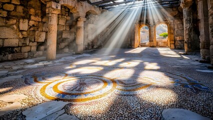 A sunlit ancient architectural space featuring intricate mosaics and stone columns, conveying a serene historical atmosphere. Concept Ancient Architecture, Serene Atmosphere, Intricate Mosaics
