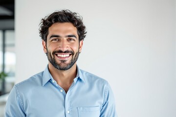 Obraz premium Confident man smiling in blue shirt, realistic style, office background with soft lighting, concept of happiness and professional success. Ai generative