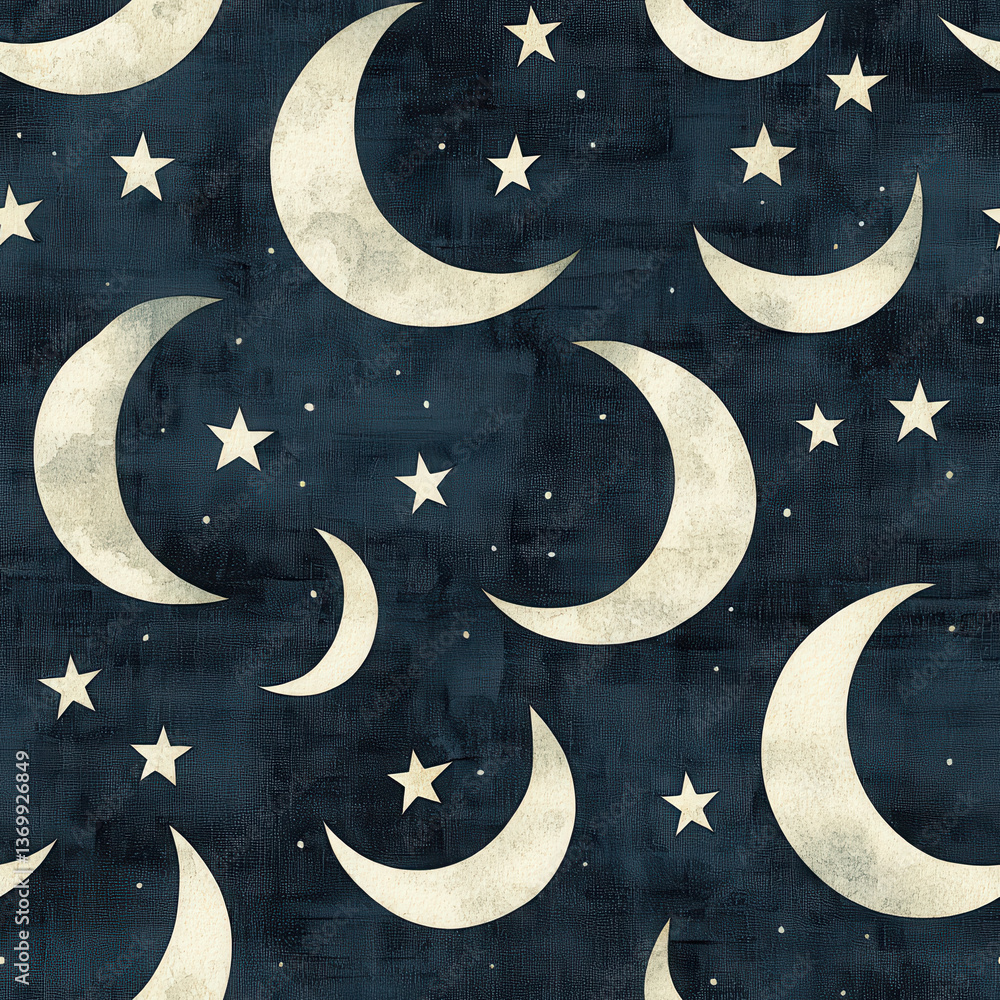Wall mural crescent moon and star pattern with dark textured background, minimalist textile seamless pattern ba