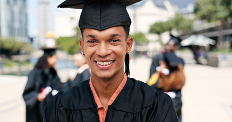 Graduation, happy man or portrait of student at university for education, opportunity or success....