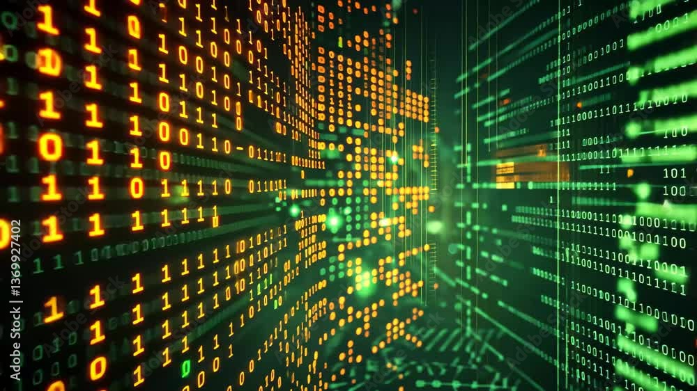 Poster cascading binary code in green and orange fills a digital environment, illustrating the concept of d