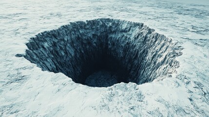 Deep Circular Hole in Ice Surface with Jagged Edges and Shadows