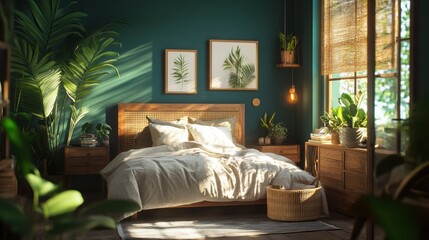 Cozy bedroom with plants and sunlight. Interior design, relaxation, home