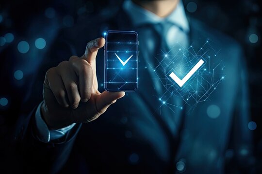Mobile verification concept. Businessman holding a smartphone with a checkmark graphic overlay, signifying successful verification or approval
