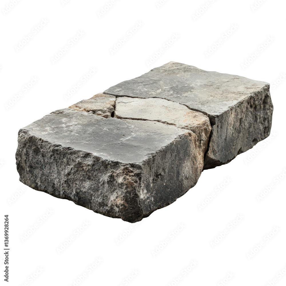 Poster textured stone formation with angular edges, isolated against black background