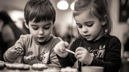 Obraz premium Two young children decorating treats at a kitchen table together