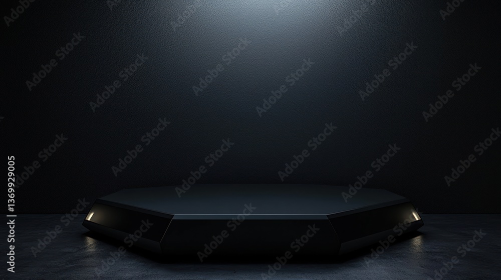 Poster a dark hexagonal 3d shelf with dramatic lighting and space for branding.