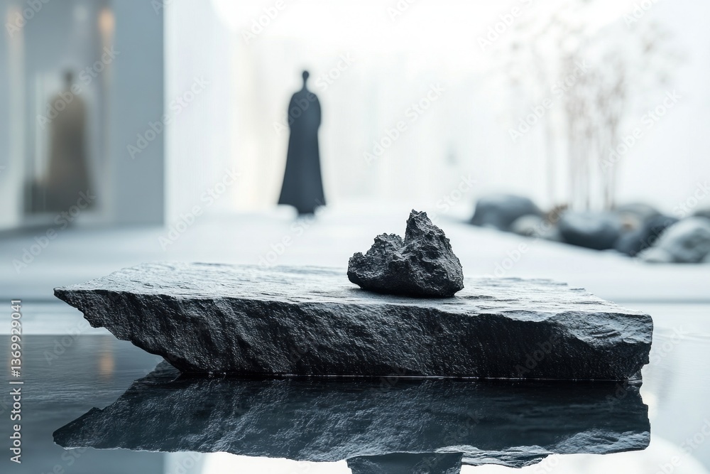 Poster this display stand features a textured black stone and a natural rock, creating modern elegance in a