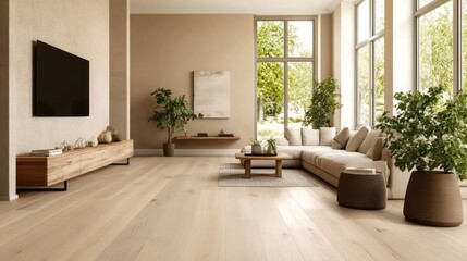 Fototapeta premium Modern Beige Living Room, Natural Light, Spacious Interior