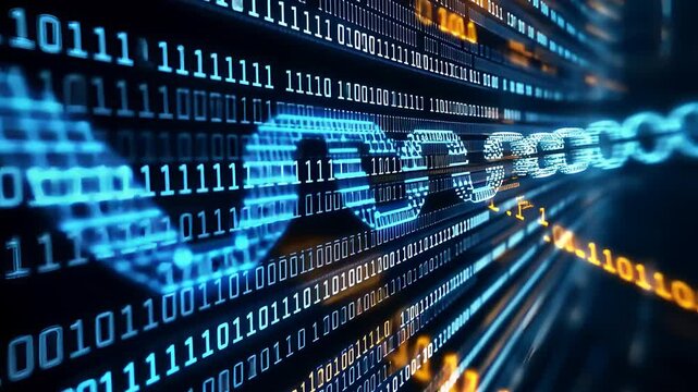 Digital Blockchain Concept with Binary Code and Glowing Chain Links in High-Tech Data Network

