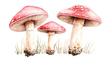 Three pink mushrooms are drawn in a field