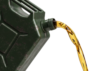 Fuel is being poured from a green container into a yellow tube at a service station on a transparent background