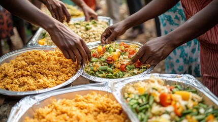 Obraz premium People Serving and Selecting Food From Various Aluminum Trays