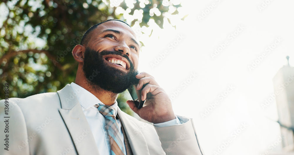 Poster city, phone call and happy business man for conversation, discussion and talking on commute. low ang