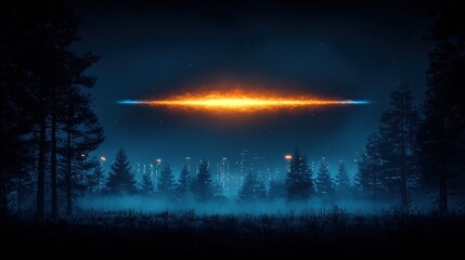 Mysterious glowing object above a nighttime forest and city skyline.  A stunning, surreal scene perfect for sci-fi, fantasy, or mystery projects.