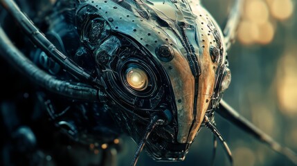 Fototapeta premium Mechanical Insect With Glowing Eye, A Fusion Of Nature And Technology.