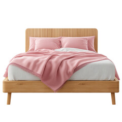 Cozy Bed with Pink Blanket and Pillows on Wooden Frame
