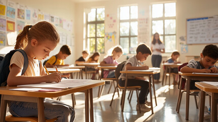 Fototapeta na wymiar A bright elementary classroom with focused students and sunlight
