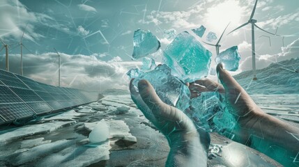 Surreal scene of human hands holding melting glacier icebergs growing into solar panels and wind turbines, teal and silver palette with cracked earth textures, forced perspective emphas