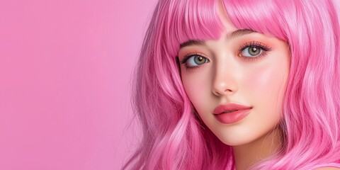 Naklejka premium Close Up Portrait Young Woman Vibrant Pink Hair Soft Makeup Pink Background