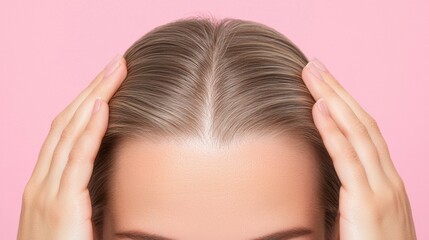 Fototapeta premium Close Up Woman's Hands Gently Touching Hair on Pink Background