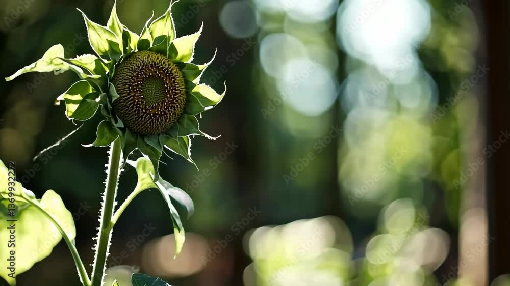 Poster sunflower growing in a garden with soft sunlight filtering through trees in the late afternoon