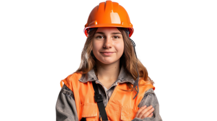 Girl Construction Worker: A young woman with a determined look wears a construction helmet and safety vest, embodying the strength of the construction industry.