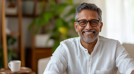 Obraz premium A content middle-aged Indian man in traditional attire at home