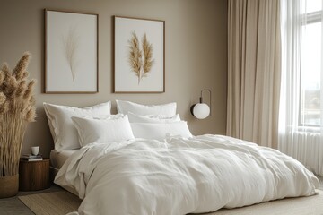 Soft beige walls and comfortable bedding create a tranquil ambiance in the cozy bedroom, enhanced by natural decor and gentle light